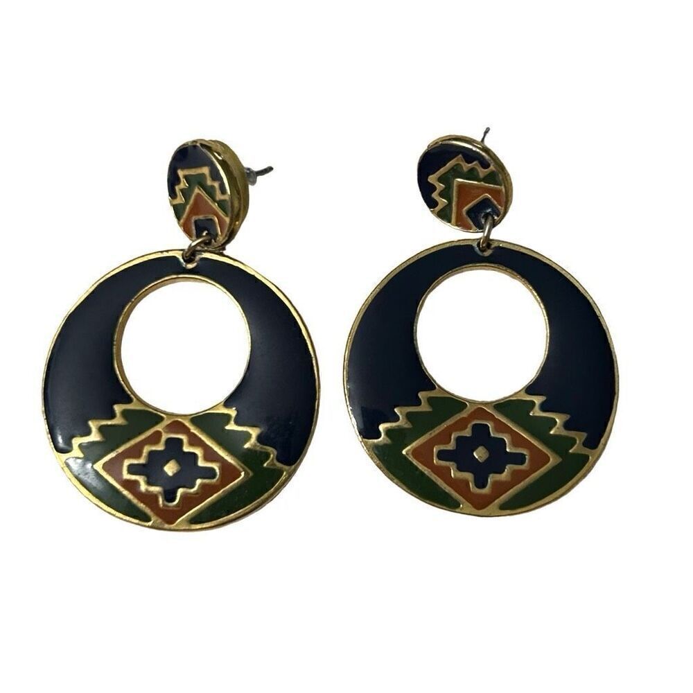 Vtg 90s Drop Earrings Blue Gold Aztec Southwest Cloisonne Enamel Round Pierced - Picture 3 of 6